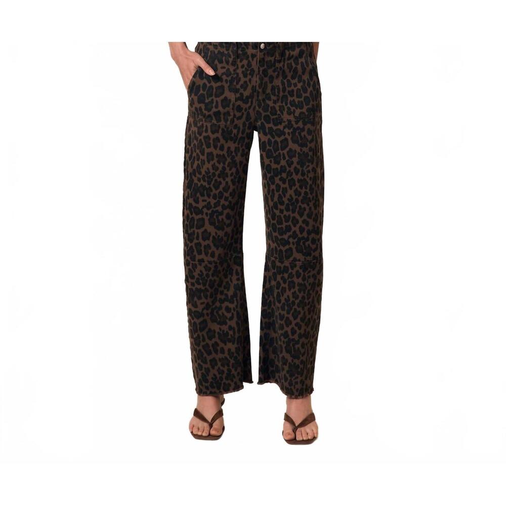 NEW LE JEAN utility soft mid rise barrel jeans in dark leopard